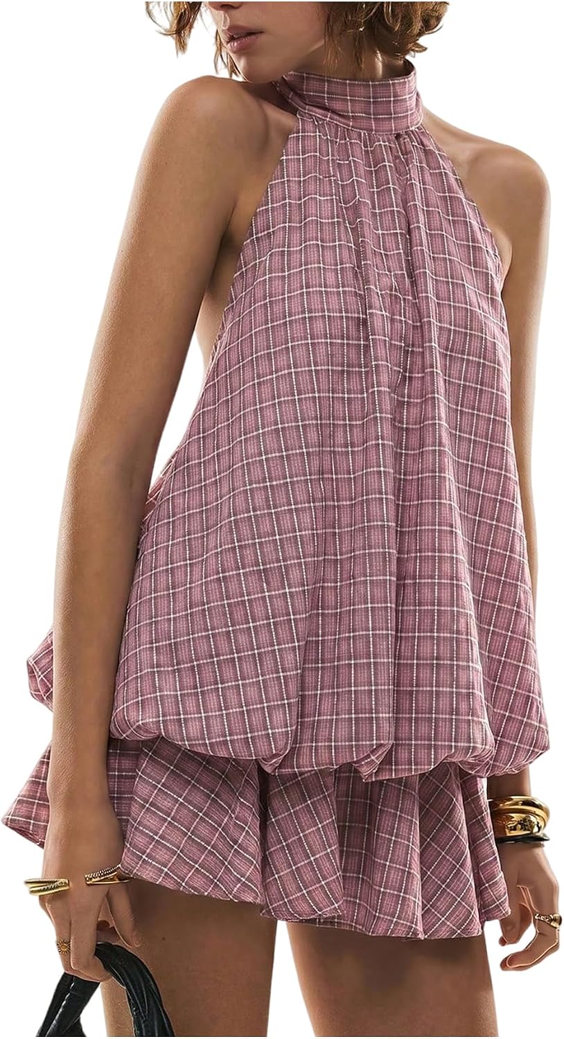 💥Limited Time Offer | Women's Plaid Halter Mini Dress - Ruffle Bubble Hem Going Out Dress