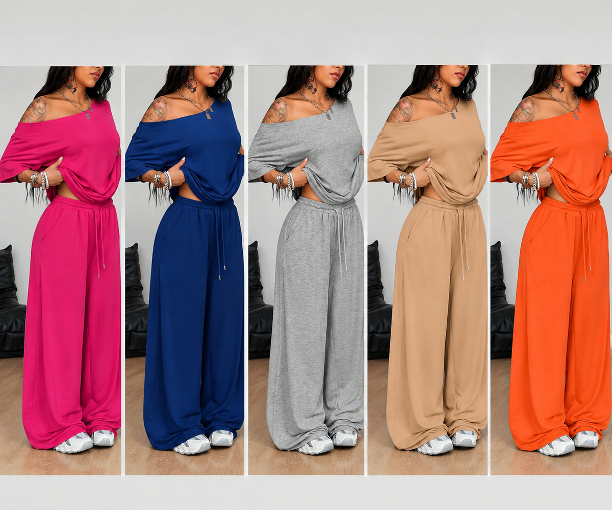 💥Trending Now | Women's Off-Shoulder 2-Piece Set - Comfortable Top & Wide Leg Pants