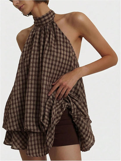 💥Limited Time Offer | Women's Plaid Halter Mini Dress - Ruffle Bubble Hem Going Out Dress