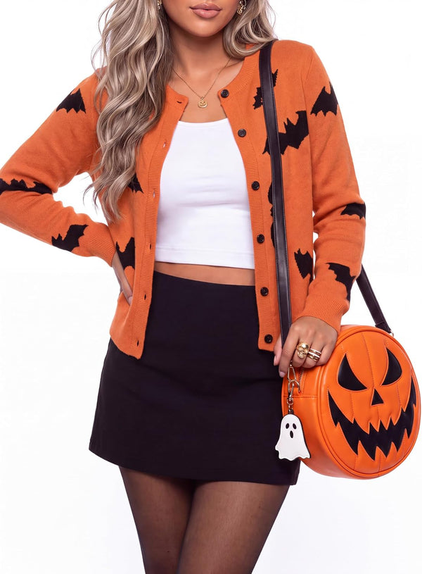 Women's Bat Print Knit Cardigan | Cozy Halloween Button-Up Sweater