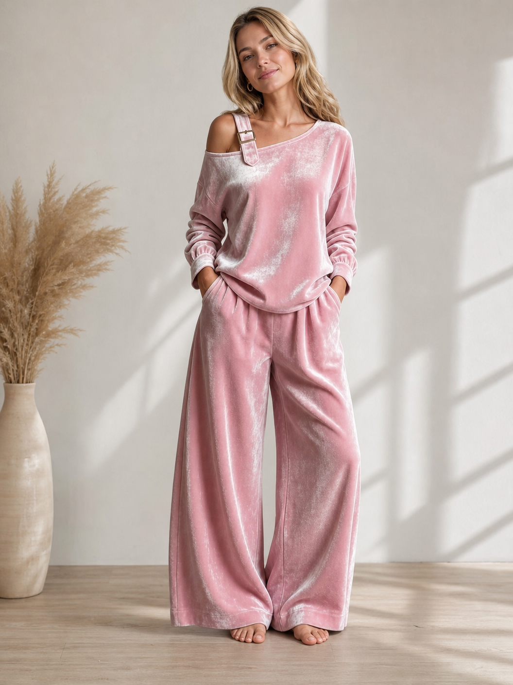🌸🌸⭐Women's Off Shoulder 2-Piece Outfit, Wide Leg Pants 🔥