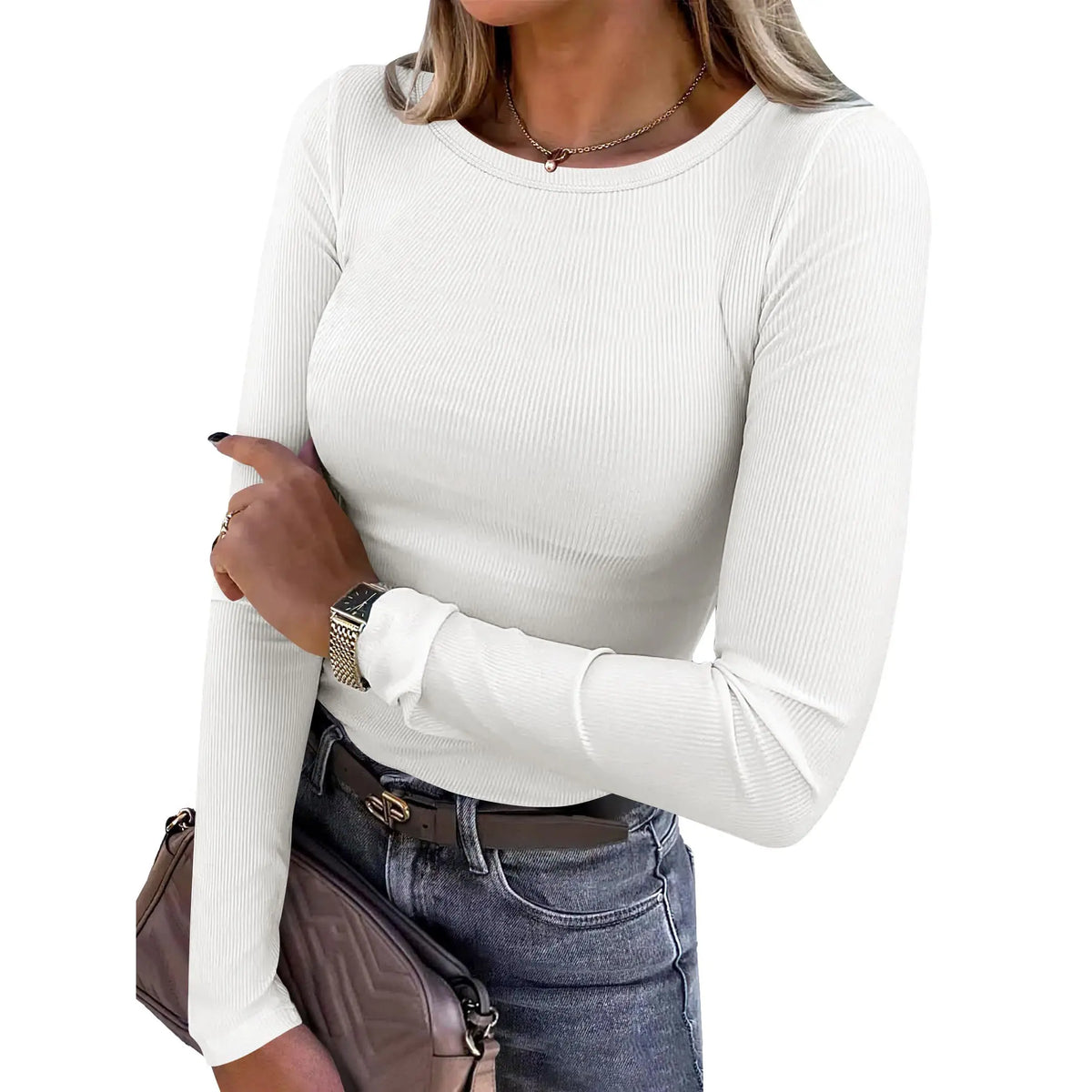 🤲Women's Ribbed Long Sleeve Crewneck Top – Slim Fit Basic Tee