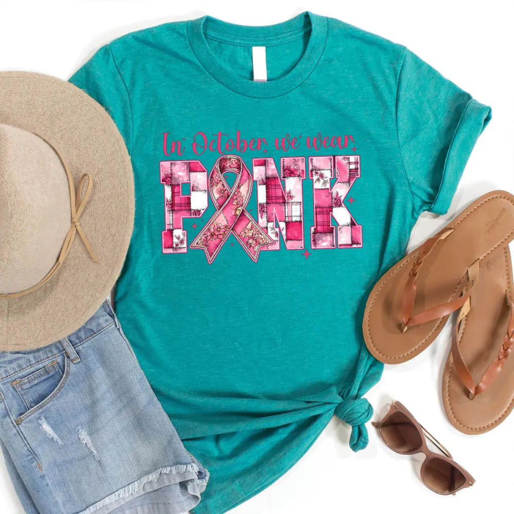 Women's Vintage In October We Wear Pink  Pattern Round-Neck T-Shirt