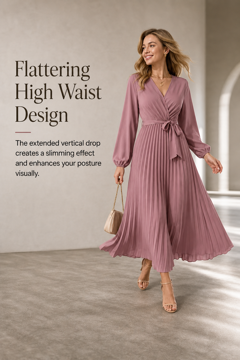 Women's Elegant Pleated Wrap Maxi Dress with Tie Waist