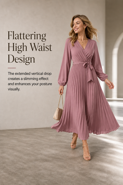 Women's Elegant Pleated Wrap Maxi Dress with Tie Waist
