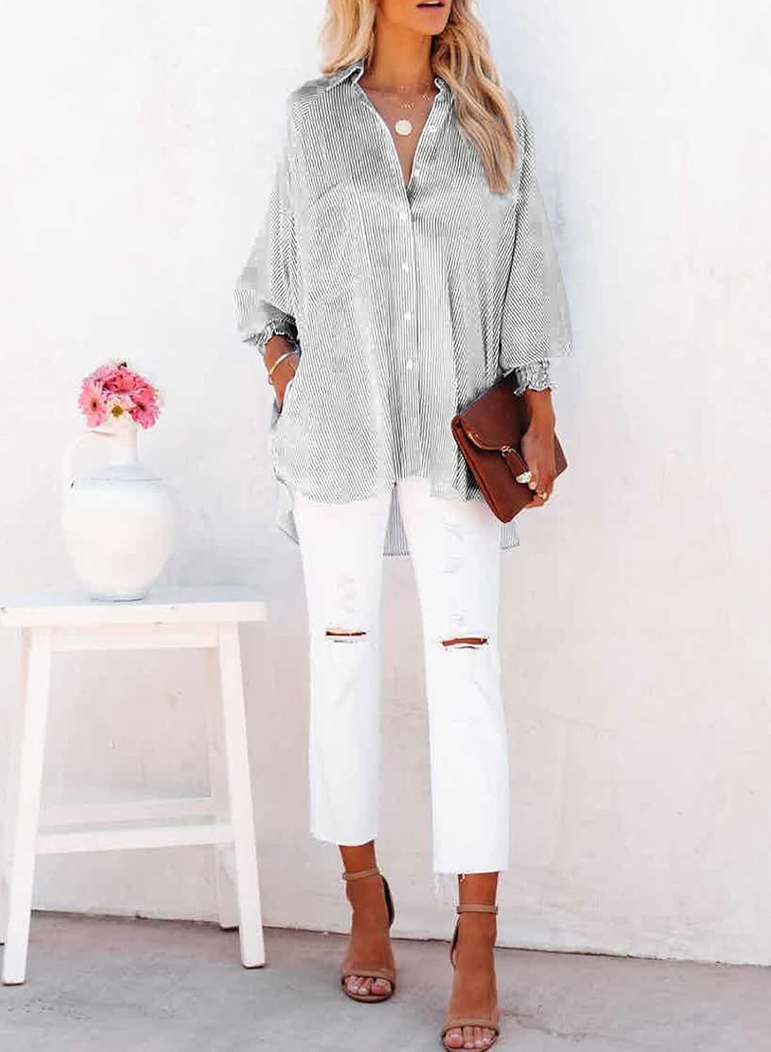 Women's Striped Oversized Button Down Shirt | Casual Long Sleeve Top