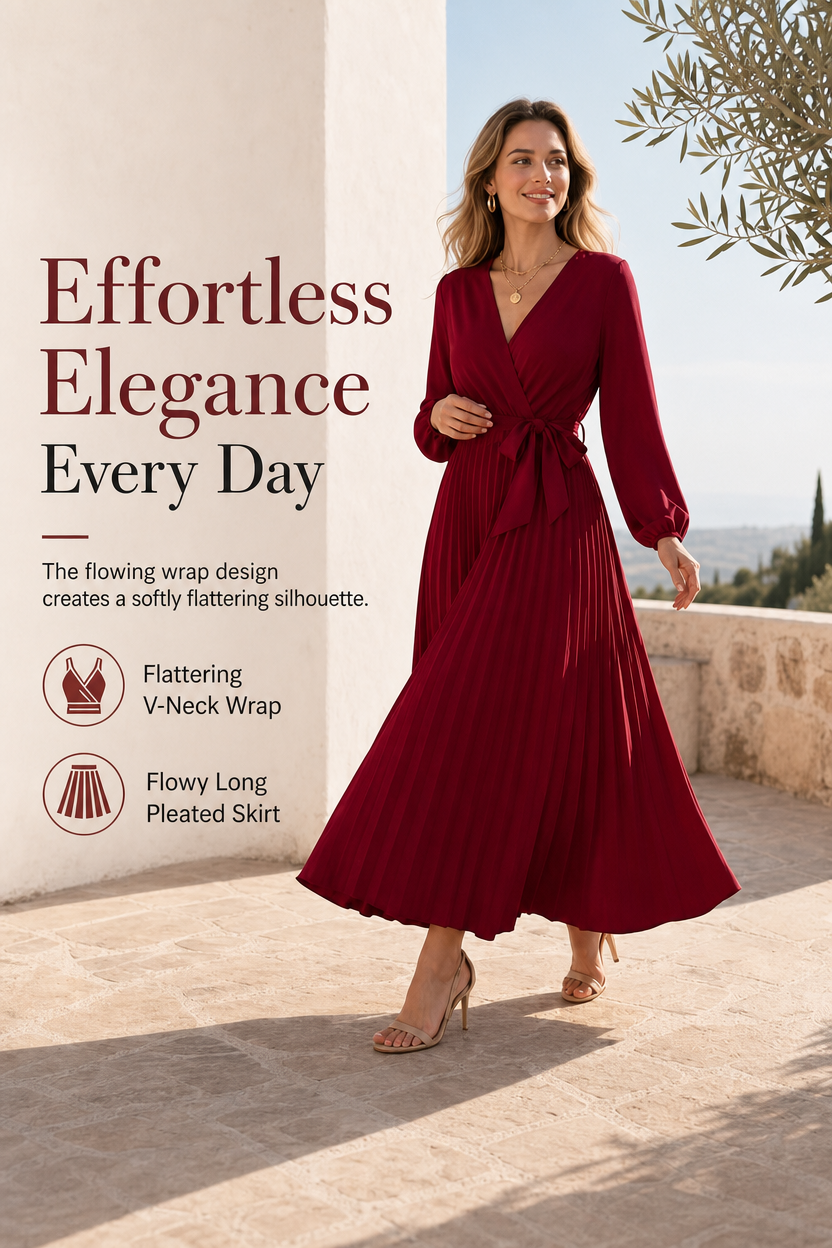 Women's Elegant Pleated Wrap Maxi Dress with Tie Waist