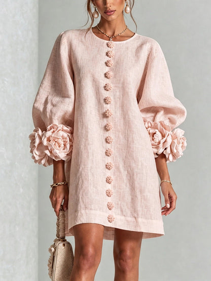 🤲LAST DAY SAVE 49% ⏰3D Floral Cuff Midi Dress – Relaxed A-Line Button Front— FREE Handbag