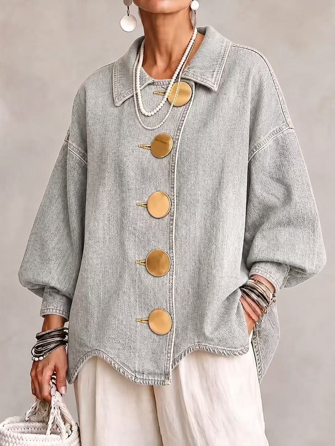 🤲LAST DAY SAVE 49% ⏰Collared Oversized Denim Jacket With Large Metal Buttons