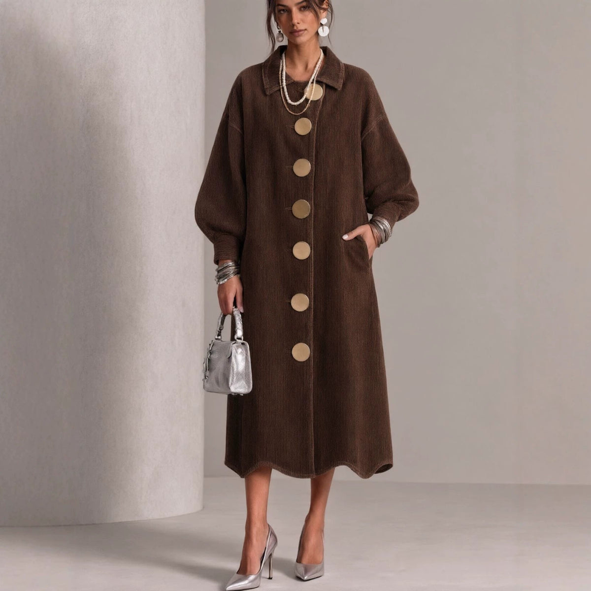 🤲LAST DAY SAVE 49% ⏰Lapel Gold‑button Balloon‑sleeve Wave‑hem Denim Dress