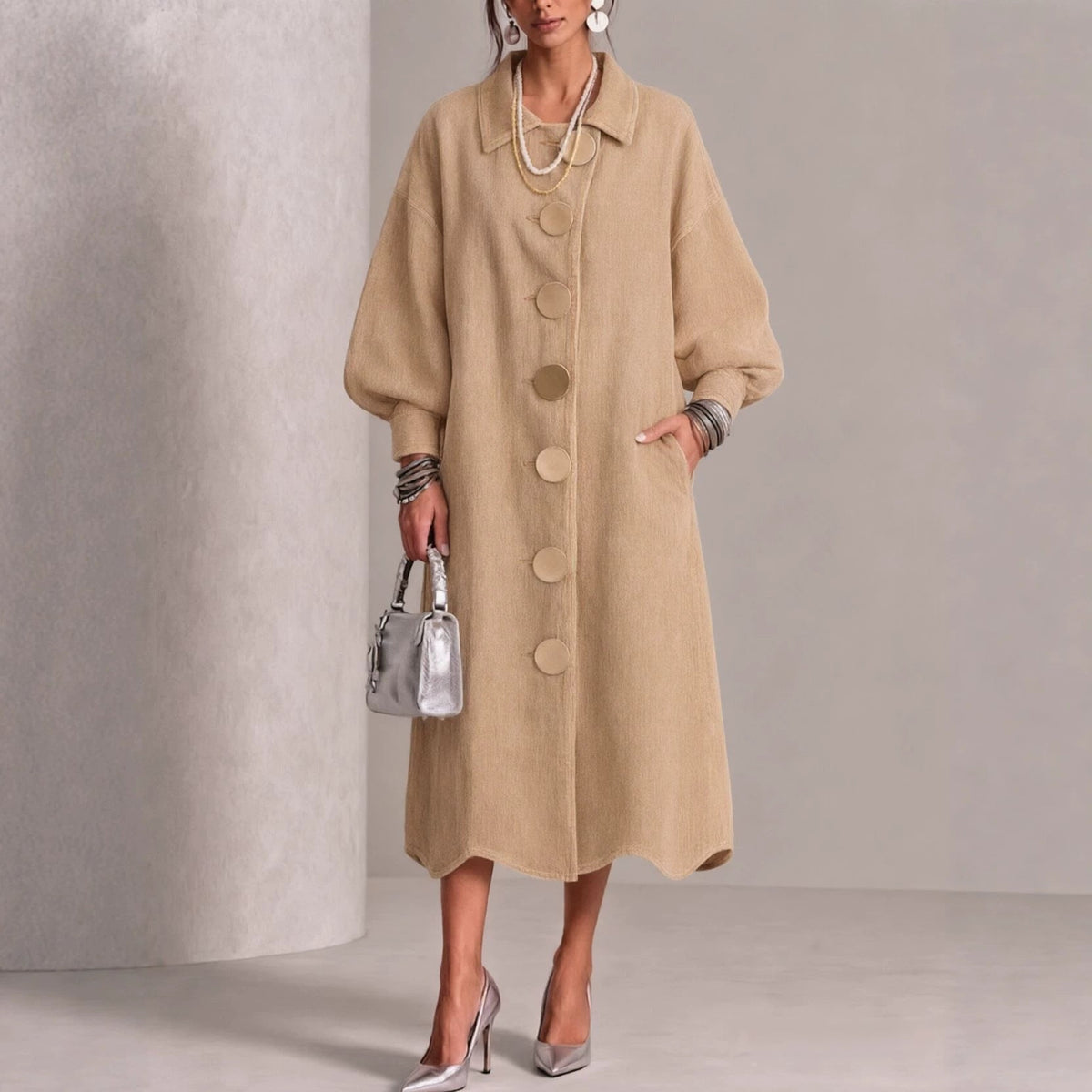 🤲LAST DAY SAVE 49% ⏰Lapel Gold‑button Balloon‑sleeve Wave‑hem Denim Dress