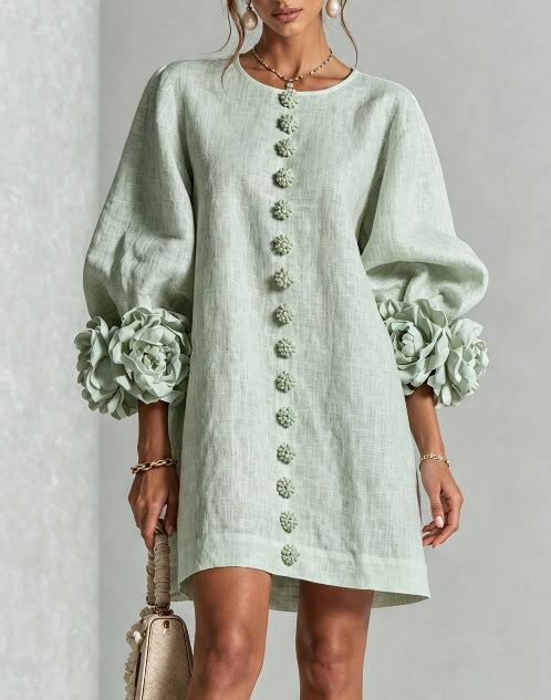 🤲LAST DAY SAVE 49% ⏰3D Floral Cuff Midi Dress – Relaxed A-Line Button Front— FREE Handbag