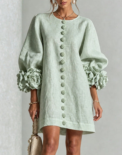 🤲LAST DAY SAVE 49% ⏰3D Floral Cuff Midi Dress – Relaxed A-Line Button Front— FREE Handbag