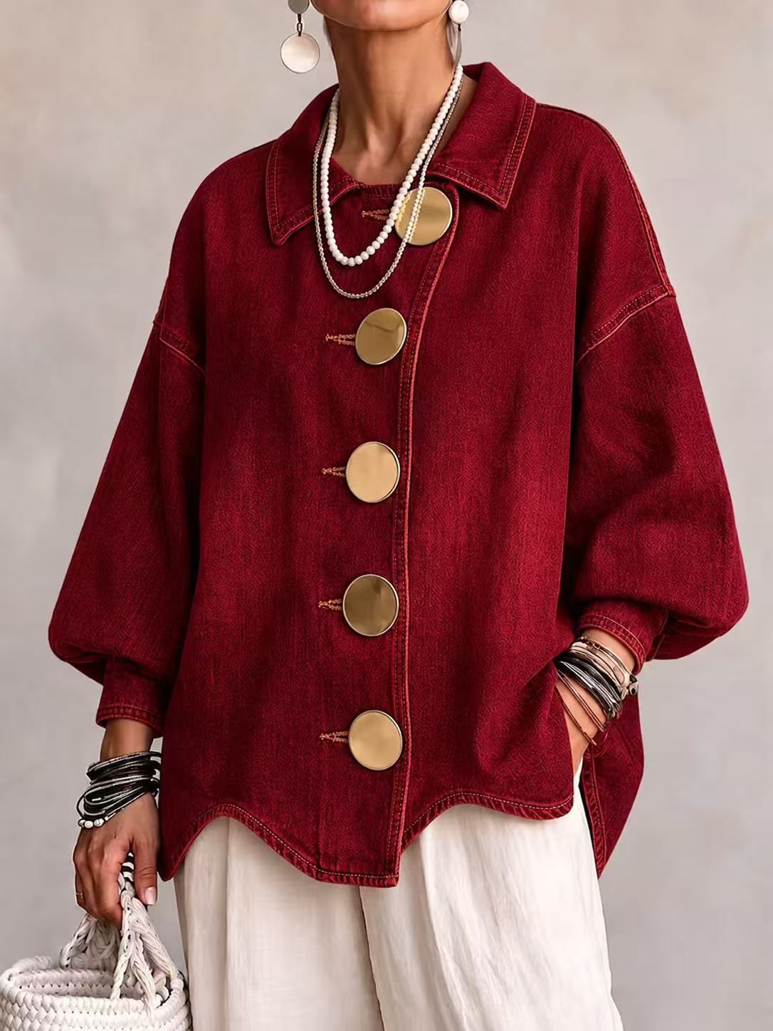 🤲LAST DAY SAVE 49% ⏰Collared Oversized Denim Jacket With Large Metal Buttons