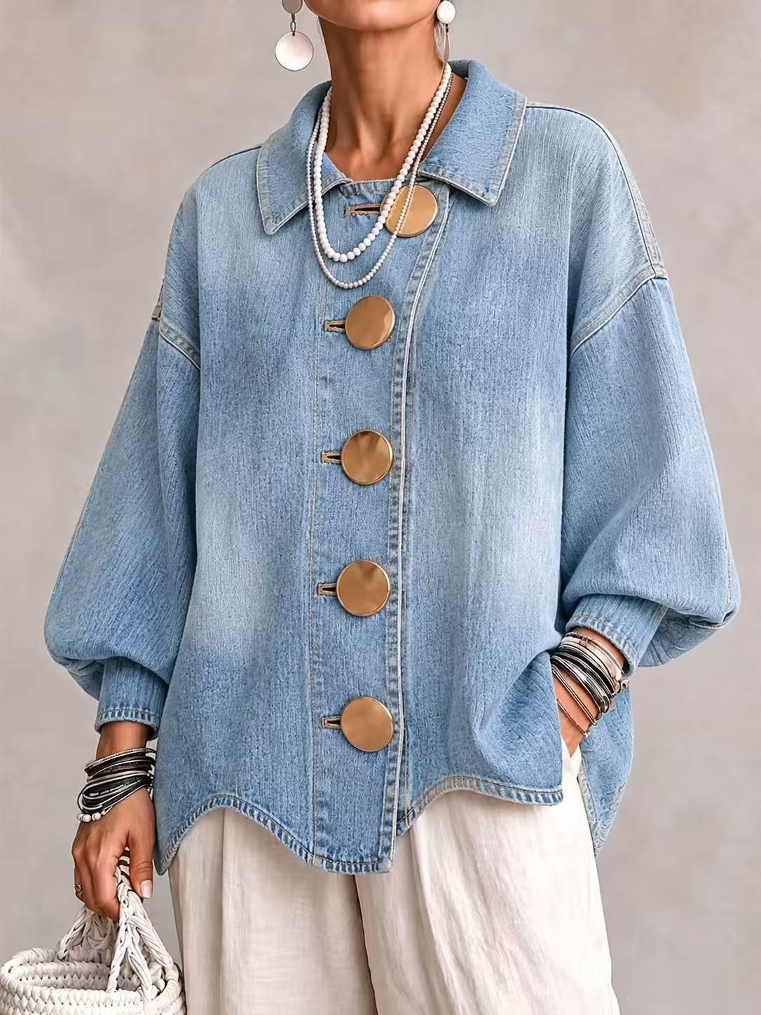 🤲LAST DAY SAVE 49% ⏰Collared Oversized Denim Jacket With Large Metal Buttons