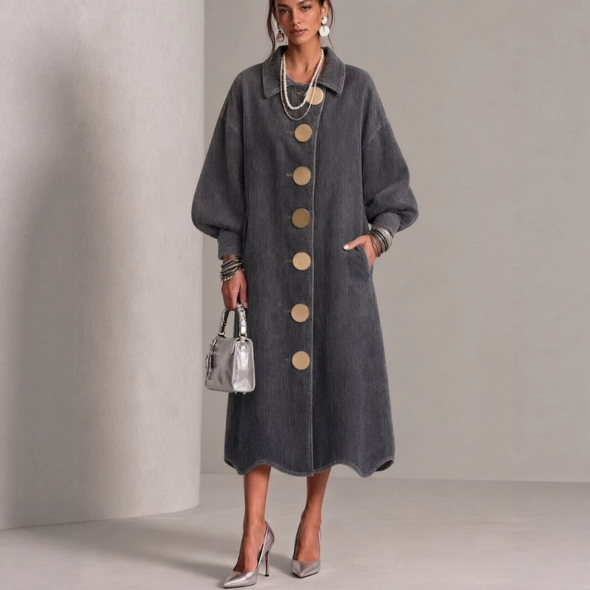 🤲LAST DAY SAVE 49% ⏰Lapel Gold‑button Balloon‑sleeve Wave‑hem Denim Dress