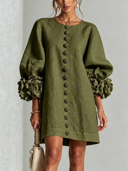 🤲LAST DAY SAVE 49% ⏰3D Floral Cuff Midi Dress – Relaxed A-Line Button Front— FREE Handbag