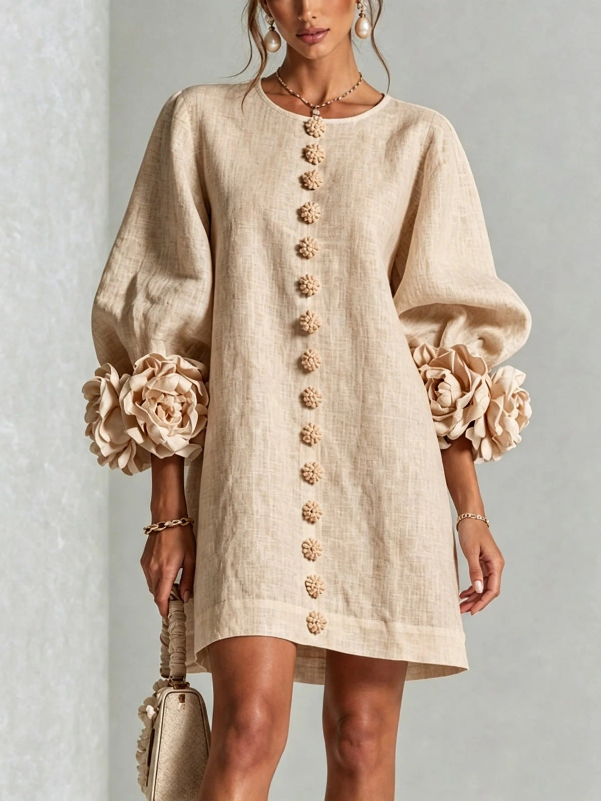 🤲LAST DAY SAVE 49% ⏰3D Floral Cuff Midi Dress – Relaxed A-Line Button Front— FREE Handbag