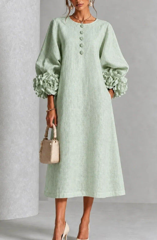 🤲LAST DAY SAVE 49% ⏰3D Floral Cuff Midi Dress – Relaxed A-Line Button Front— FREE Handbag