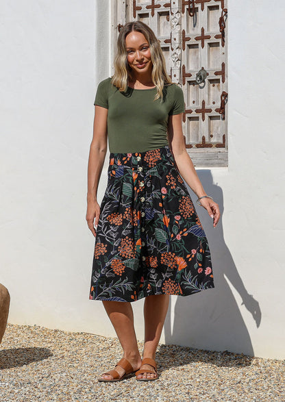 Women's Blue Tulip Floral Midi Skirt | High Waist A-Line Cotton Skirt