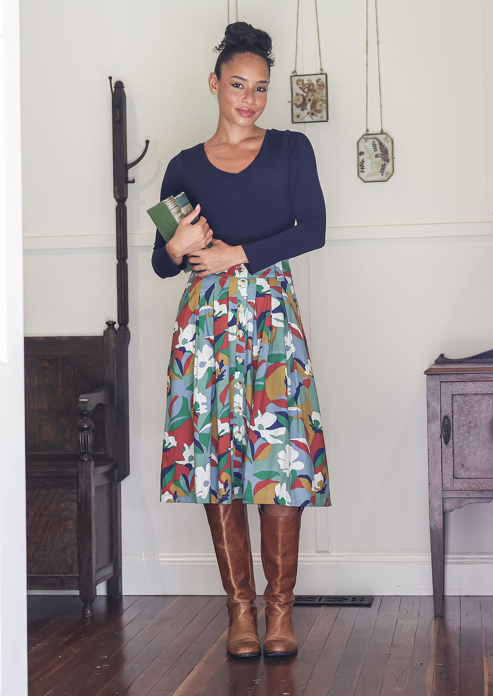 Women's Blue Tulip Floral Midi Skirt | High Waist A-Line Cotton Skirt