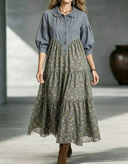 🤲LAST DAY SAVE 49% ⏰Boho-chic Denim Bodice Long Sleeve Floral Tiered Swing Maxi Dress