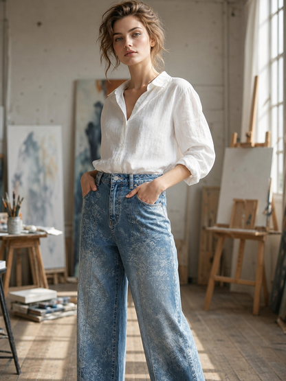🌸🌸Women's Floral Jacquard Wide-Leg Denim Pants 👖✨