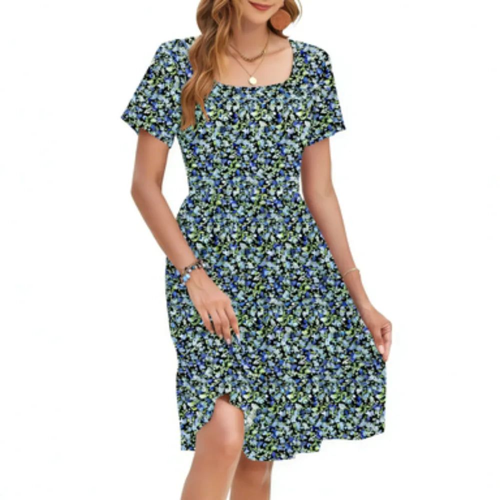 🤲Women Square Neck Ditsy Floral Dress, Ruffle Empire Waist A-Line Sundress With Pockets