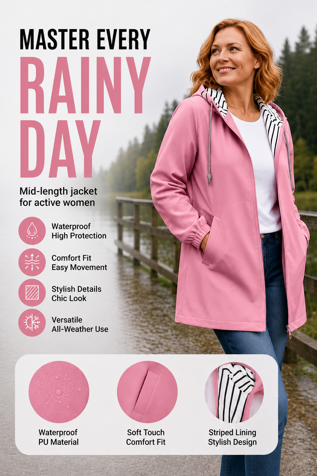 Women's Casual Waterproof Hooded Jacket | Lightweight Rain Windbreaker