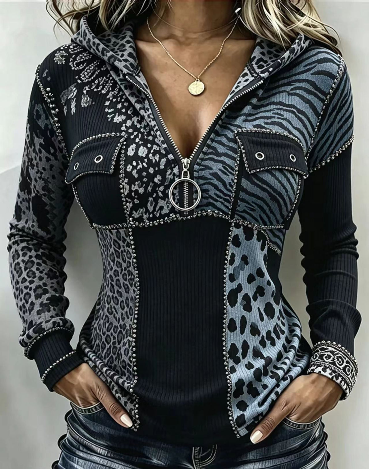 🤲LAST DAY SAVE 49% ⏰Chic Animal Patchwork Print Ribbed Hooded Top