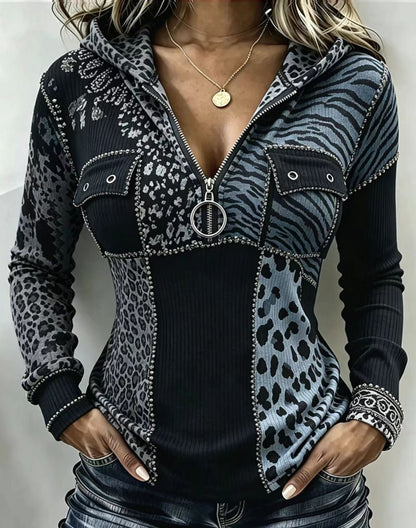 🤲LAST DAY SAVE 49% ⏰Chic Animal Patchwork Print Ribbed Hooded Top