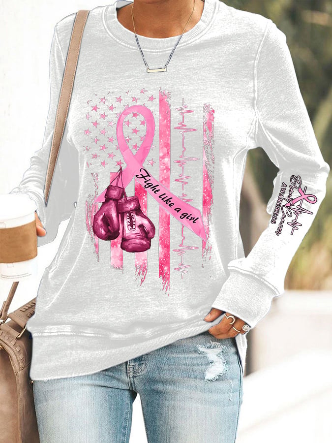 Women's Casual Breast Cancer Awareness Printed Long Sleeve Sweatshirt