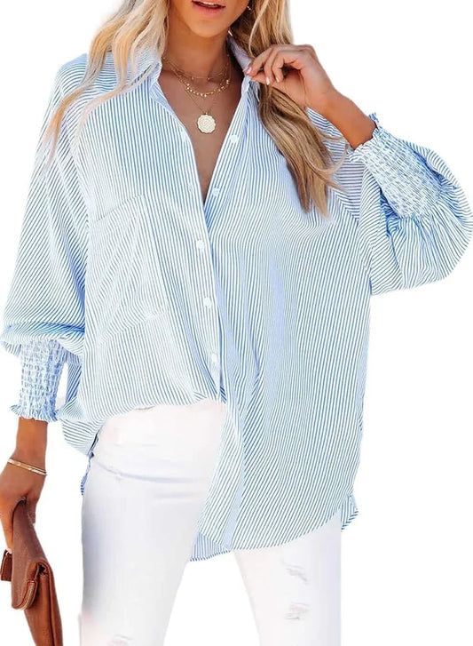 🤲🔥2026 Clearance Item🔥Women's pleated cuffs striped shirt with pockets and casual collar