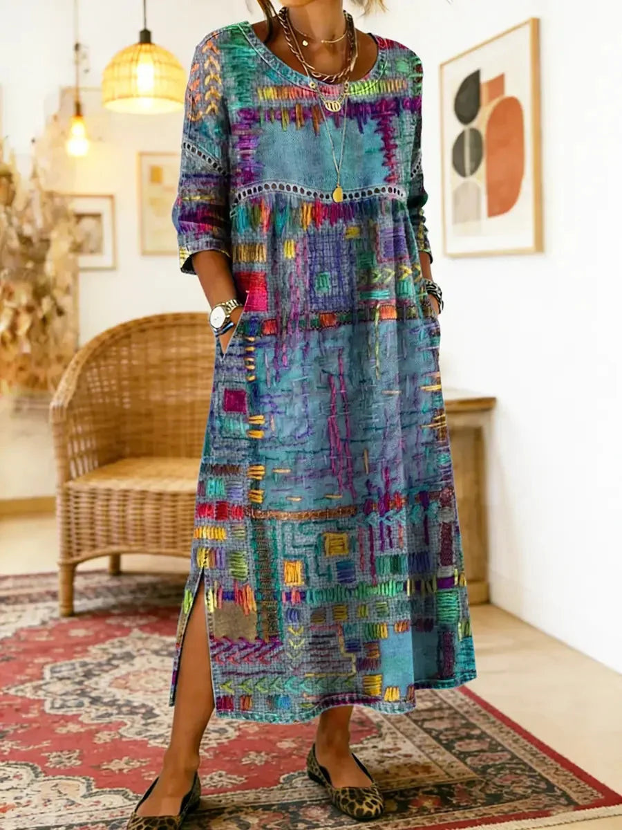 Women's Ethnic Patchwork Print Dress | Colorful Casual Boho-Inspired Maxi Dress