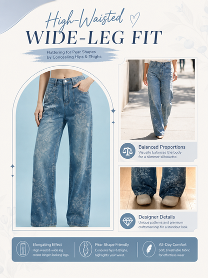 🌸🌸Women's Floral Jacquard Wide-Leg Denim Pants 👖✨
