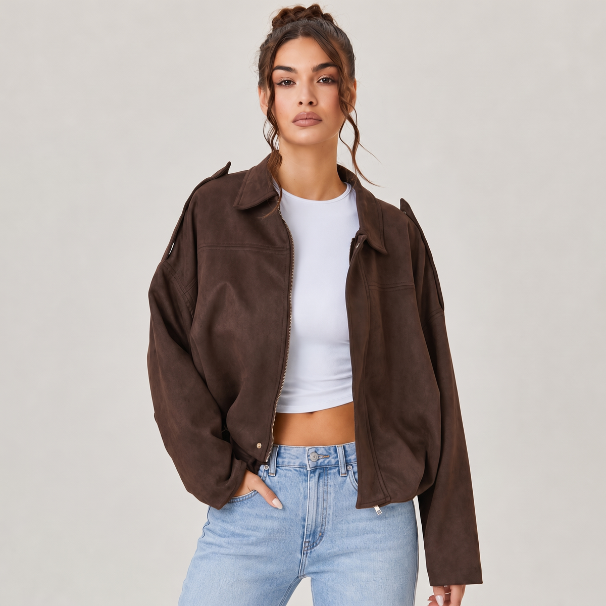 Women's Cropped Faux Suede Jacket | Oversized Casual Zip-Up Jacket