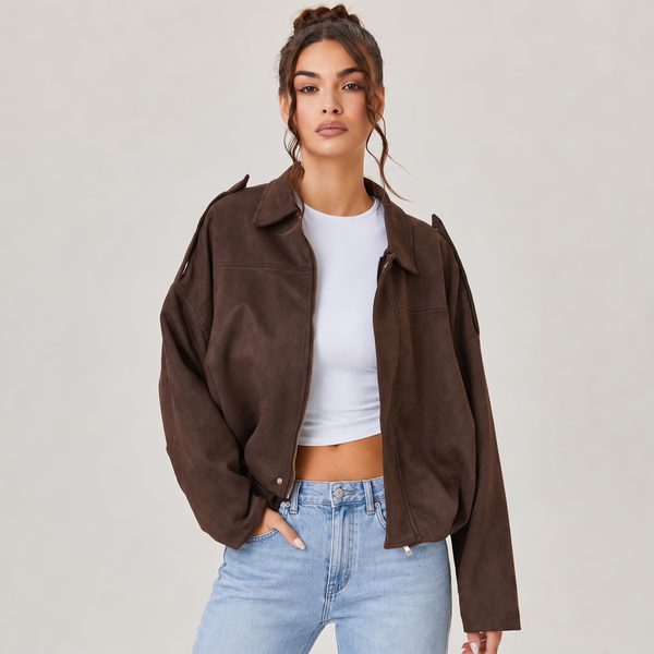 Women's Cropped Faux Suede Jacket | Oversized Casual Zip-Up Jacket