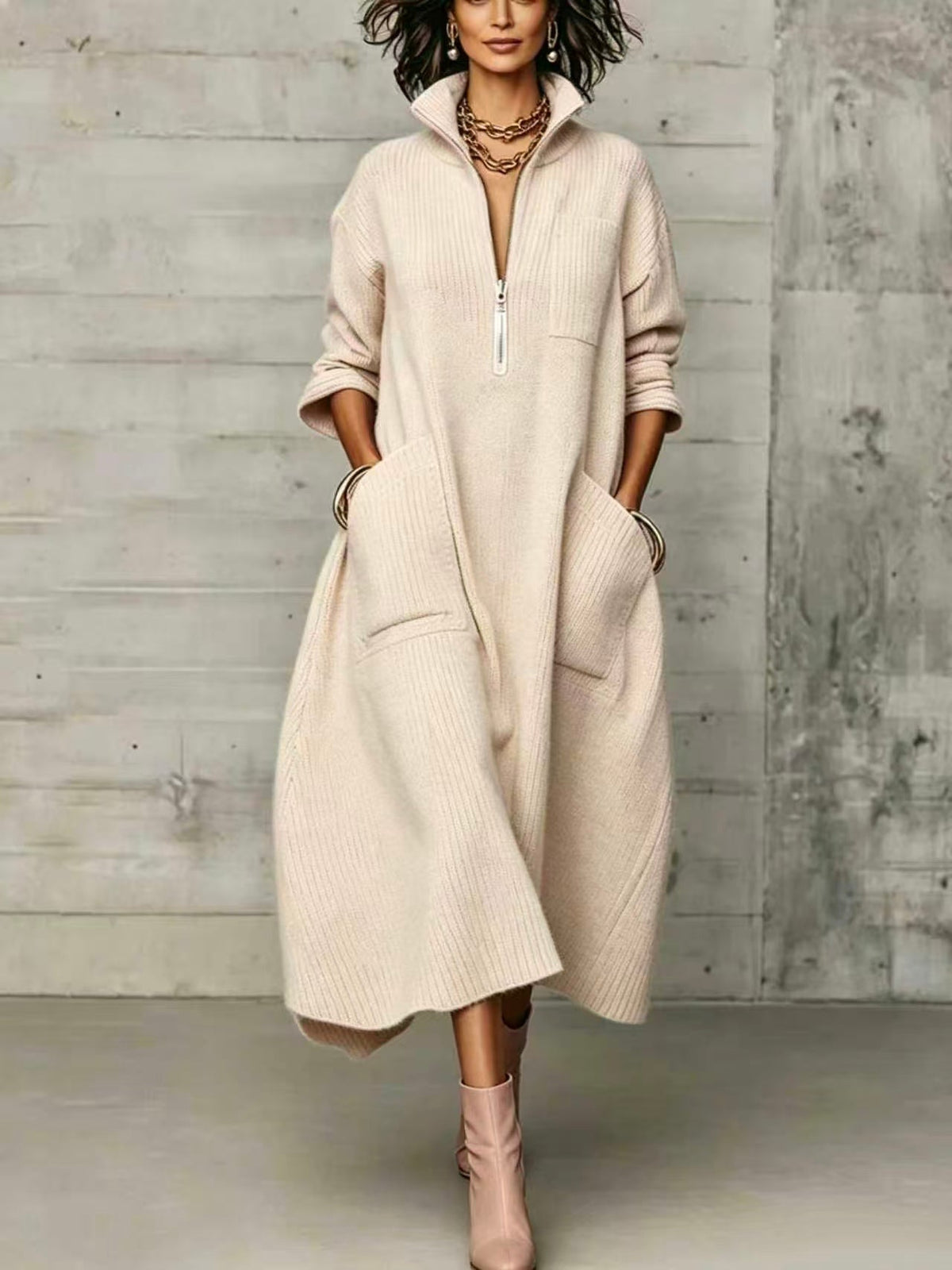 🤲LAST DAY SAVE 49% ⏰Elegant Quarter-zip High Collar Oversized Knit Midi Dress— FREE Handbag