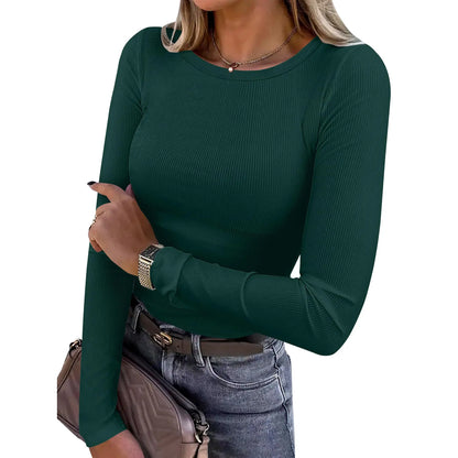🤲Women's Ribbed Long Sleeve Crewneck Top – Slim Fit Basic Tee