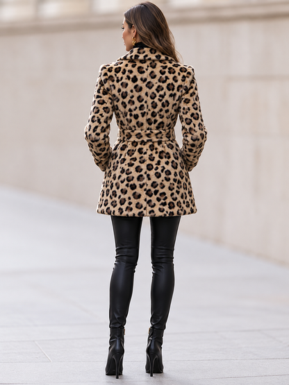 Women's Leopard Faux Fur Belted Jacket | Elegant Winter Statement Coat