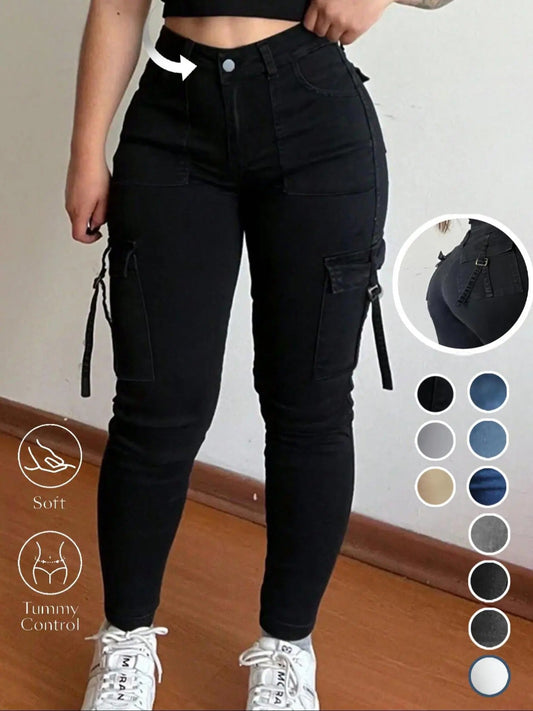 🤲🔥MID YEAR SALE🔥Women's Plain Multi-pocket Denim Elastic Slim Fit Button Cargo Denim Pants