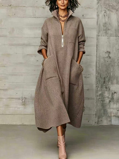 🤲LAST DAY SAVE 49% ⏰Elegant Quarter-zip High Collar Oversized Knit Midi Dress— FREE Handbag