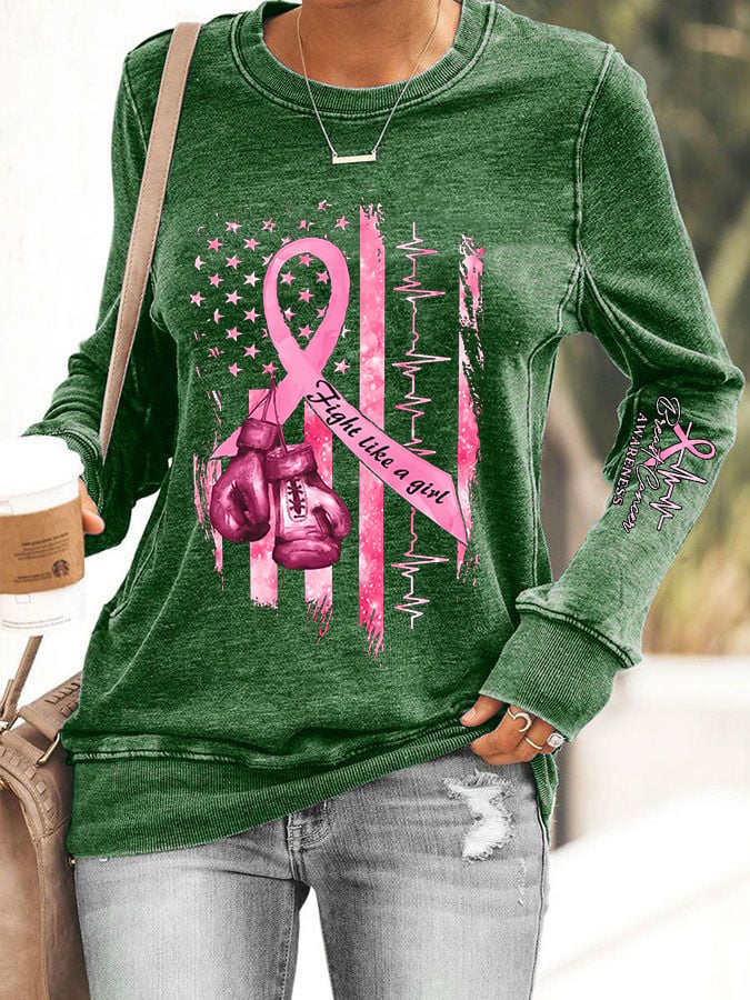 Women's Casual Breast Cancer Awareness Printed Long Sleeve Sweatshirt