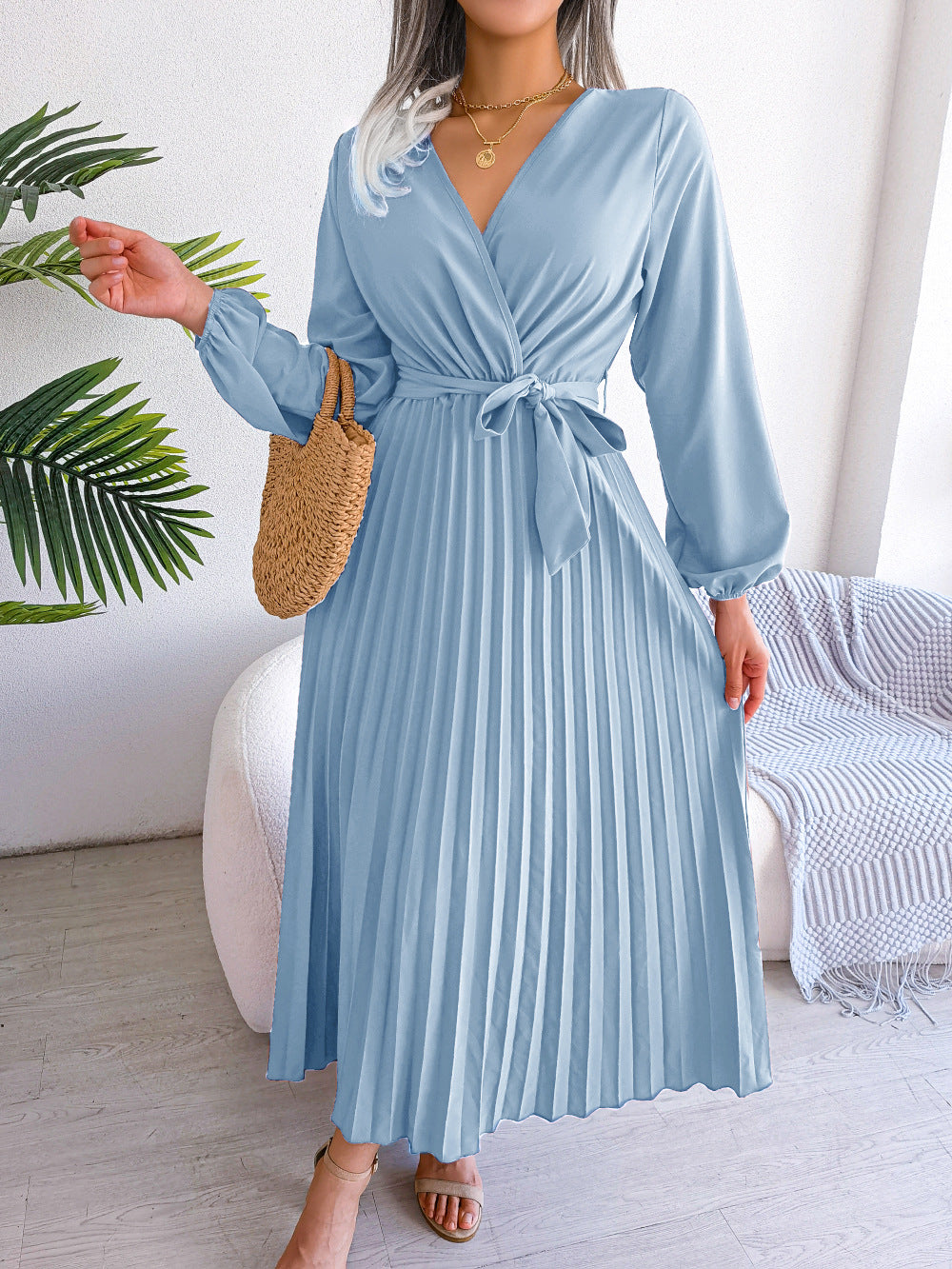 Women's Elegant Pleated Wrap Maxi Dress with Tie Waist