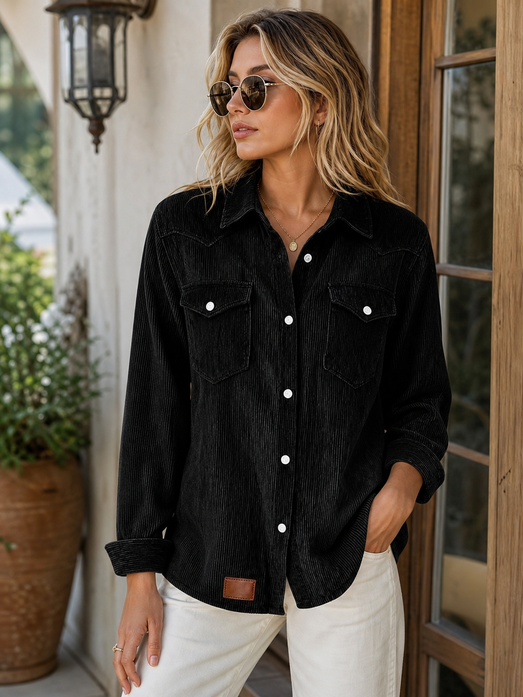 🌸🔥Bestseller🏆Flap Pocket Button Front Ribbed Knit Top👚