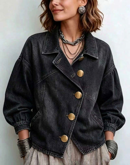 🤲LAST DAY SAVE 49% ⏰Asymmetrical Slant Gold Button Lantern Sleeve Denim Jacket