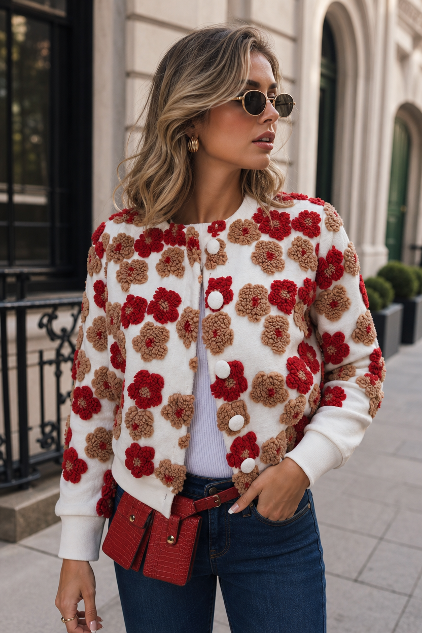 🌸🌸Chic Floral Jacquard Button Front Coat 🧥🌷