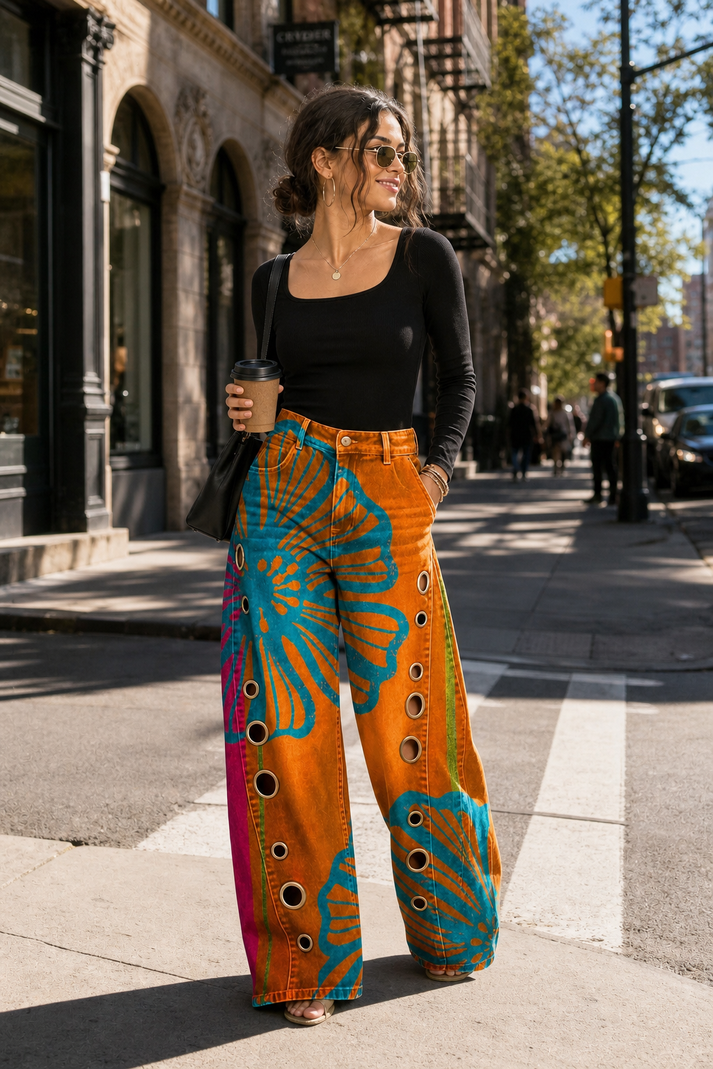 Women's Retro Floral Print Jeans | High Waist Casual Straight Leg Pants