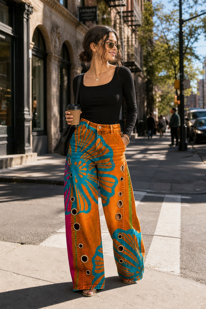 Women's Retro Floral Print Jeans | High Waist Casual Straight Leg Pants