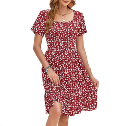 🤲Women Square Neck Ditsy Floral Dress, Ruffle Empire Waist A-Line Sundress With Pockets